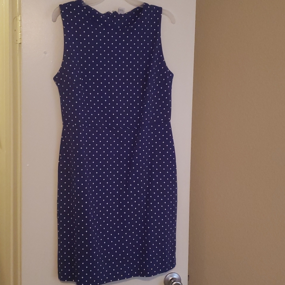 Navy blue and white polka dot pencil dress
